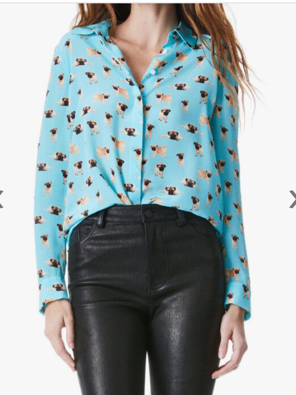 Alice + Olivia Teal Pug-Print Button Down Shirt - Picture 5 of 6